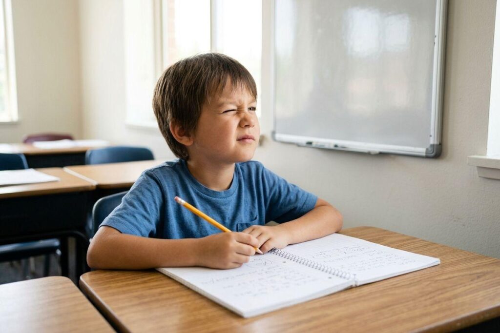 A child at a classroom desk holding a pencil over a notebook, squinting one eye while looking ahead.