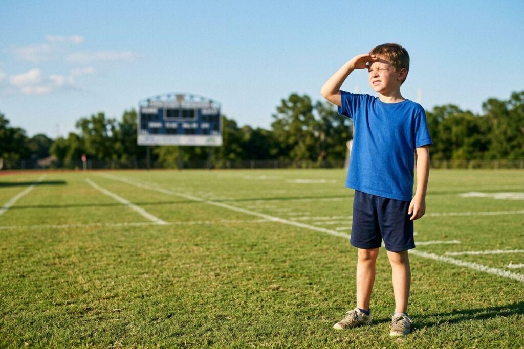 A child in a blue shirt shielding eyes with a hand on a grass sports field with a scoreboard behind.