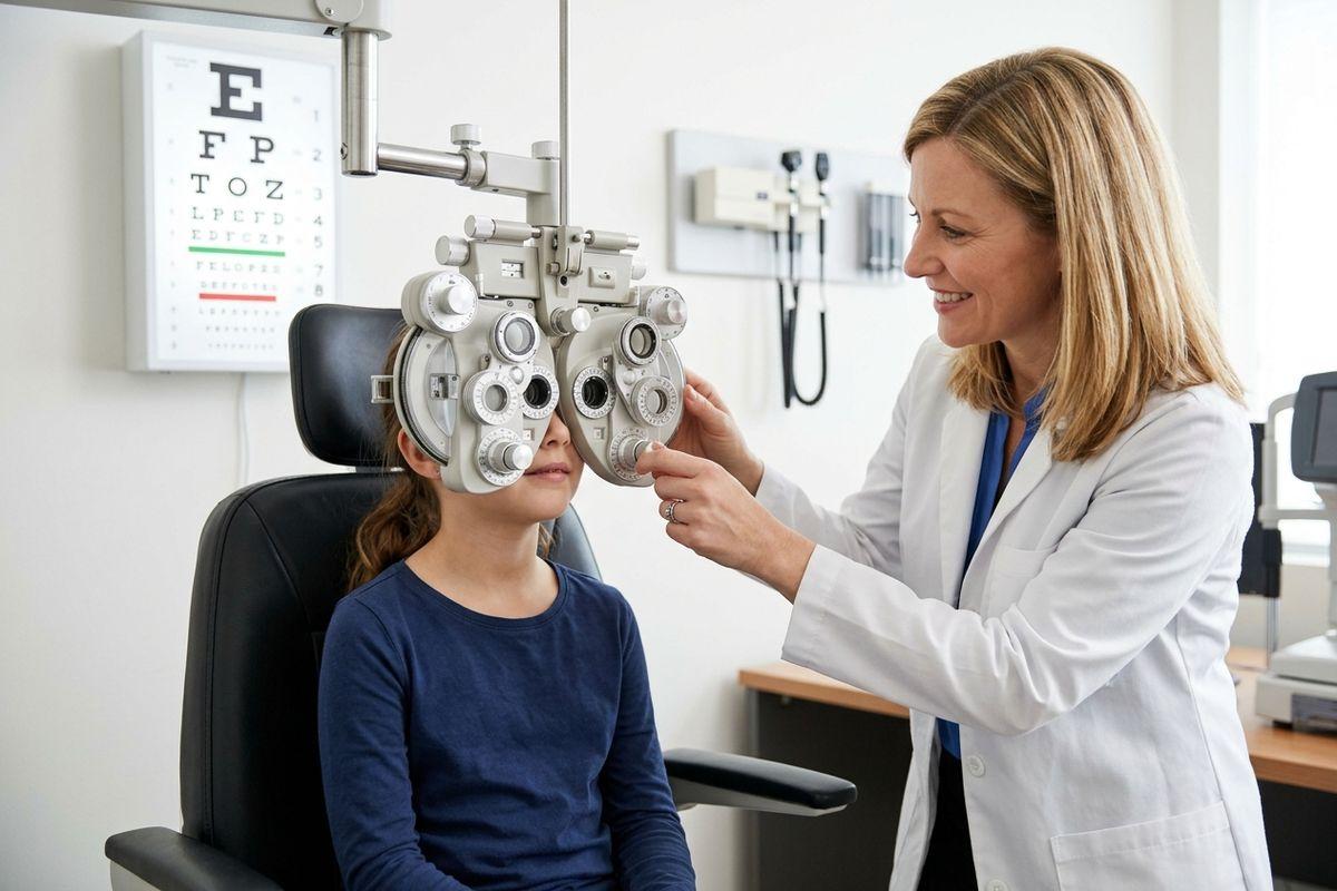 An optometrist adjusting a phoropter for a child during an eye exam, with an eye chart on the wall behind them.