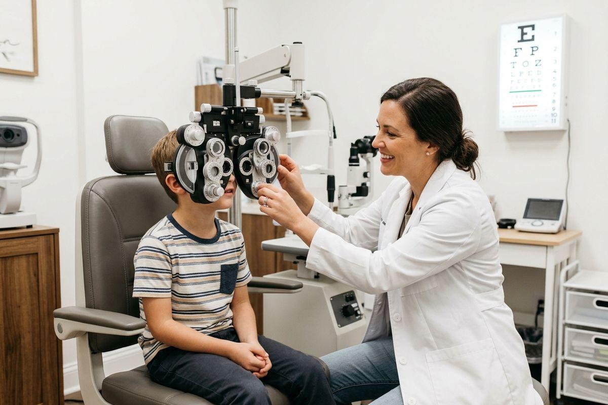 An optometrist adjusts a phoropter for a smiling child seated in an exam chair, with an eye chart on the wall.
