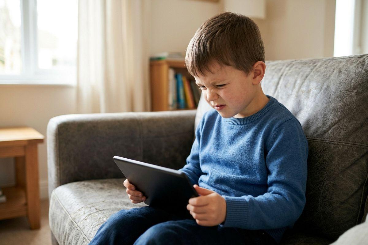 A child in a blue sweater squinting at a tablet while sitting on a grey sofa at home.