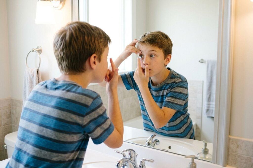 A child in a striped shirt inserting a contact lens while looking in a bathroom mirror.