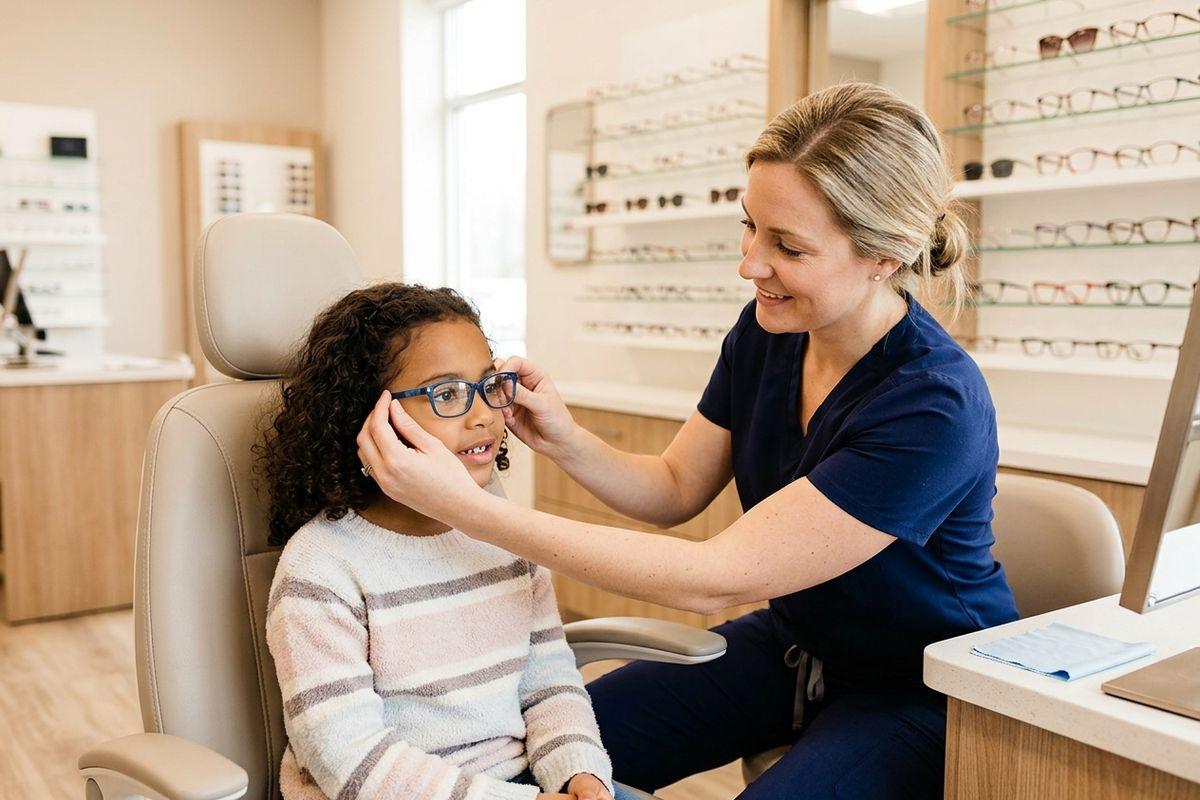 An optician fitting glasses on a smiling child seated in a chair, with eyewear displays on shelves behind them.