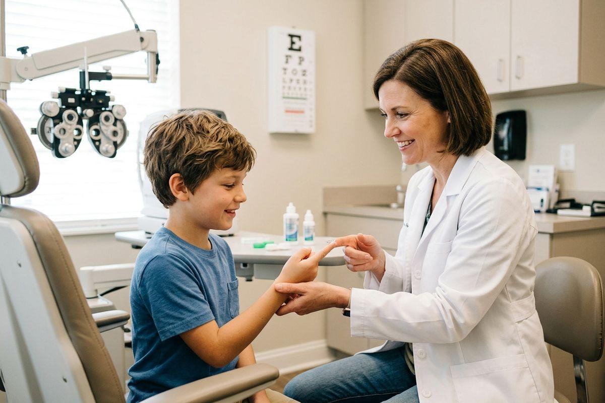 An optometrist smiling, holding a contact lens on fingertip to show a child in an eye exam room with phoropter and eye chart in the background.