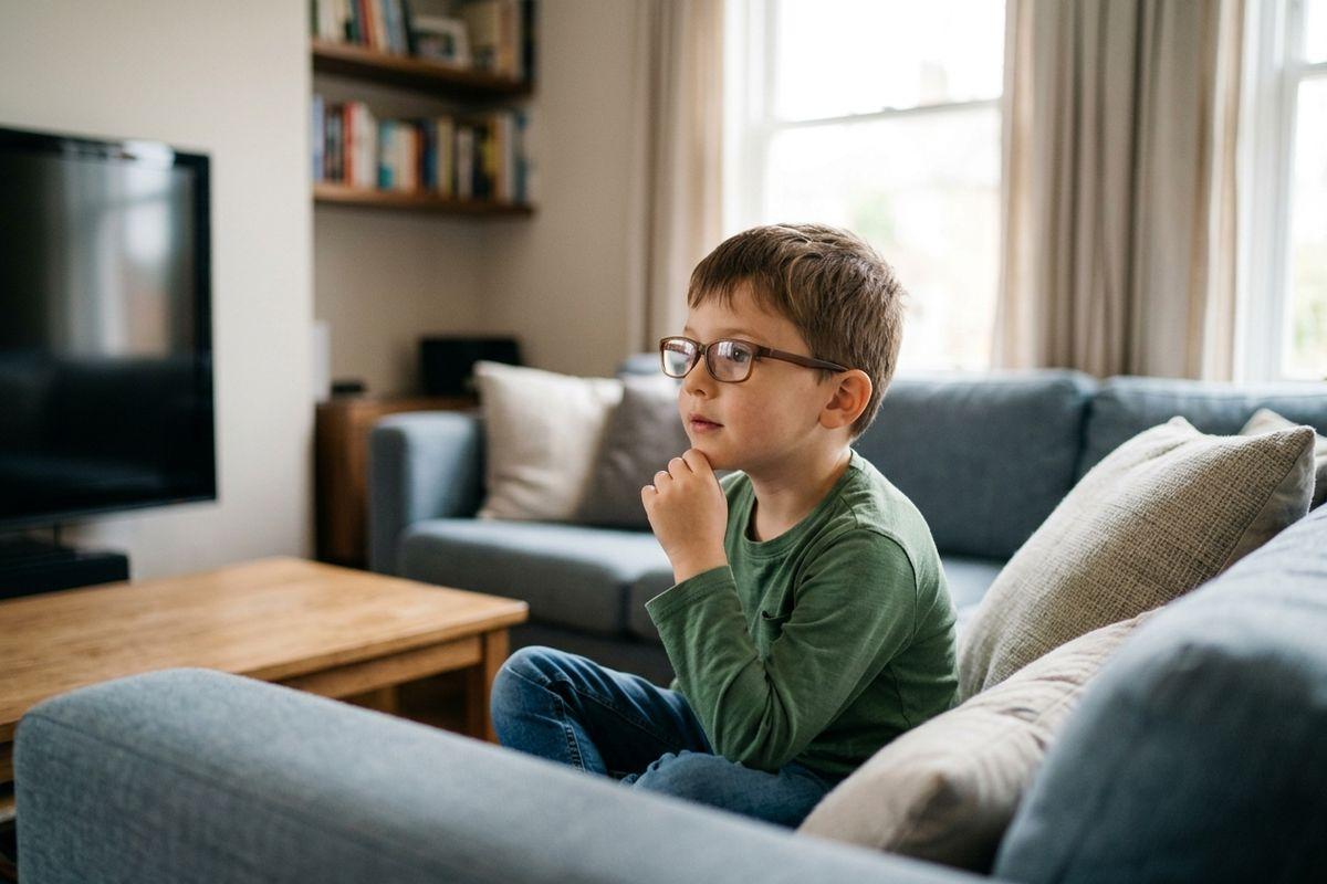 A child with glasses sitting on a sofa, hand on chin, looking into the distance.