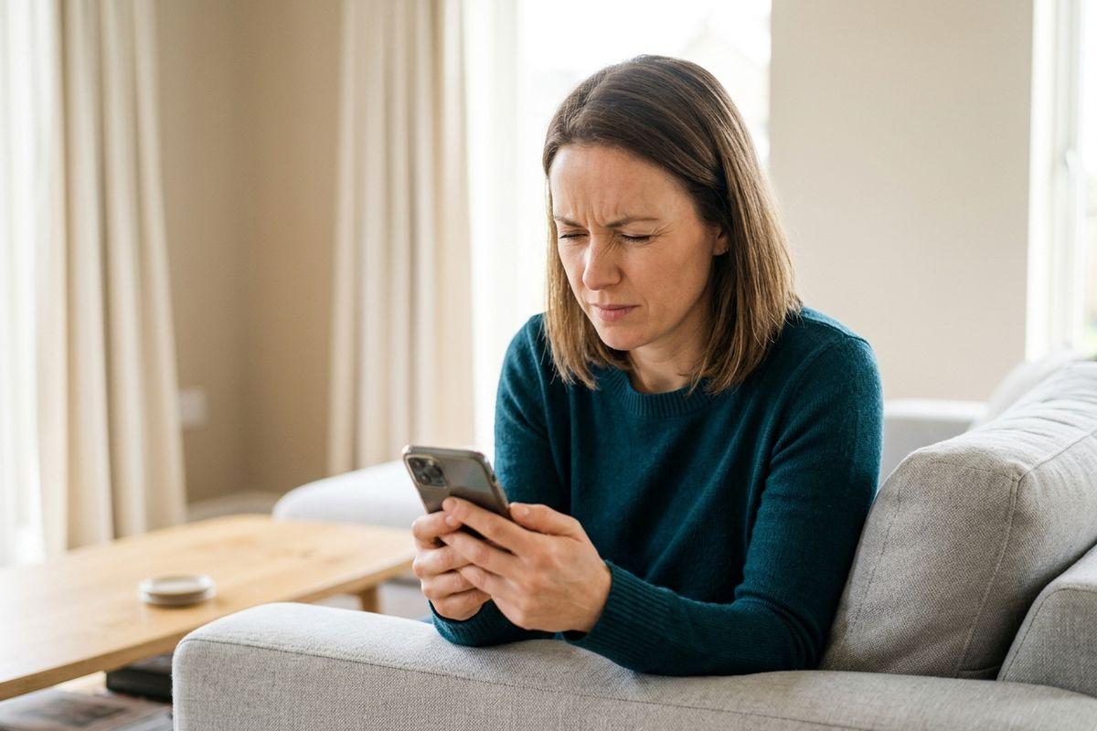 A person on a sofa squinting at a smartphone held in both hands.