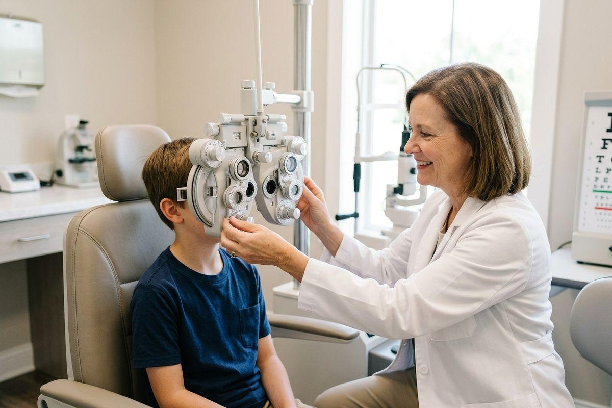 An optometrist adjusts a phoropter for a child during an eye exam, smiling; eye chart on the wall.