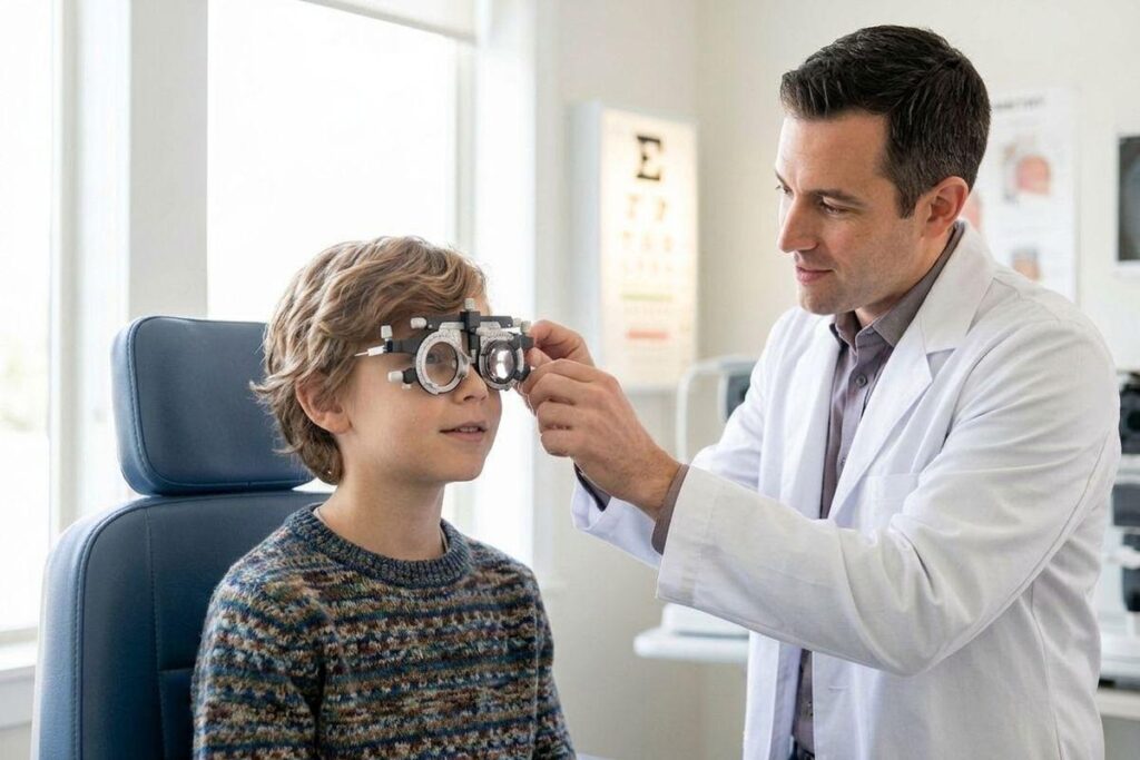 An optometrist fits trial frame glasses on a child seated in an exam chair during an eye exam.