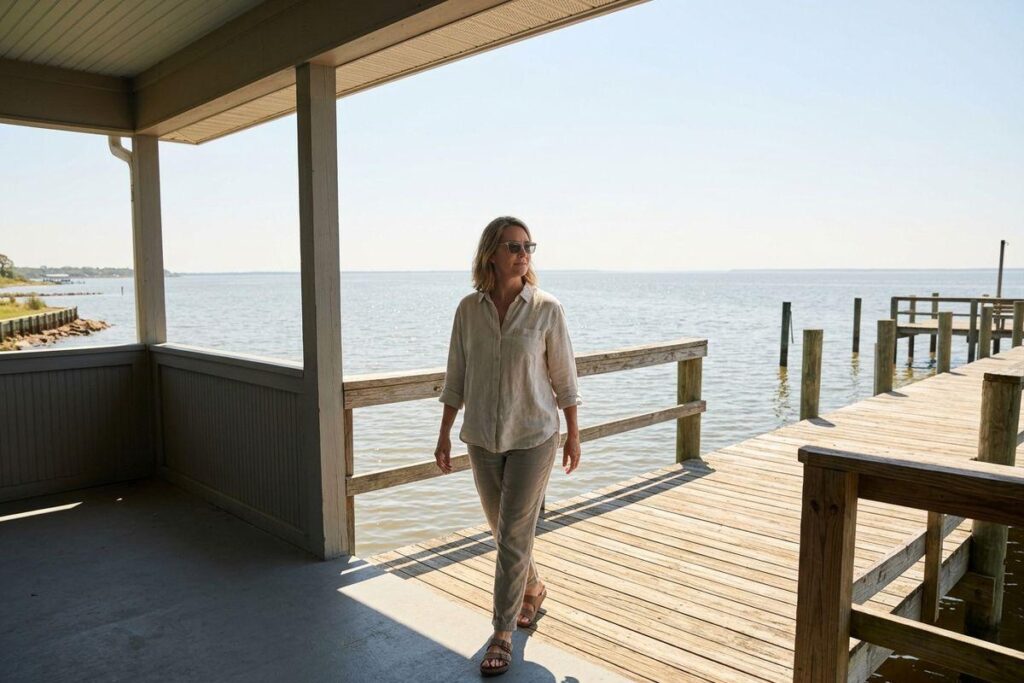 Adult in sunglasses and linen clothes walks along a sunny wooden dock from a covered porch, with calm open water and pilings behind.