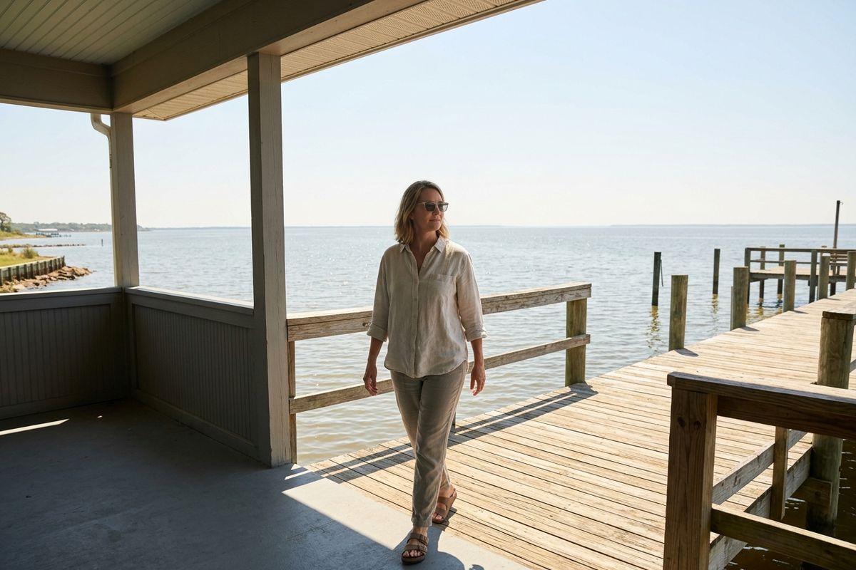 Adult in sunglasses and linen clothes walks along a sunny wooden dock from a covered porch, with calm open water and pilings behind.