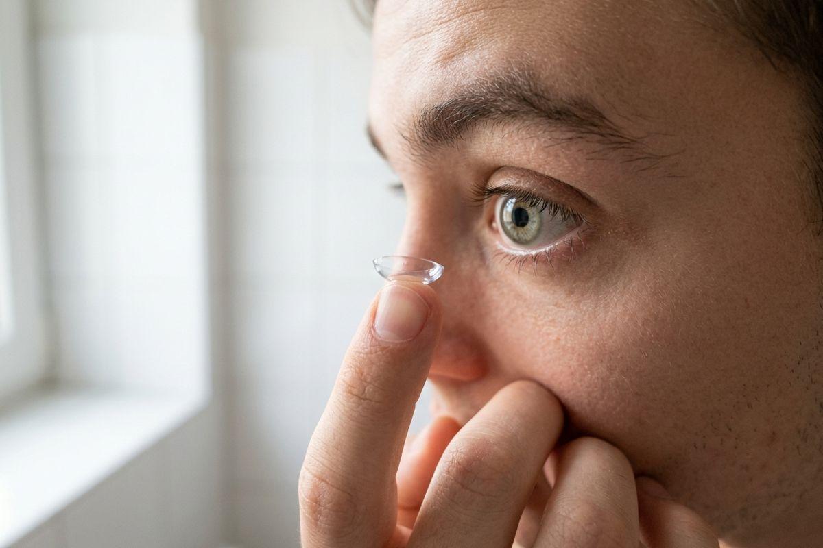 Close-up of an adult holding a clear contact lens on a fingertip near their eye, preparing to insert it by a window.