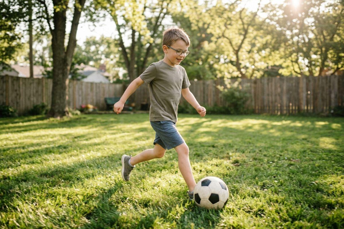 Smiling child in glasses kicks a soccer ball across a sunny grassy backyard with trees and a wooden fence behind.
